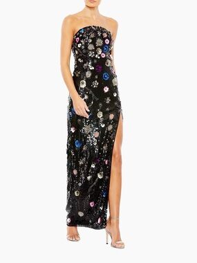 Strapless Black Sequin Floral Evening Gown